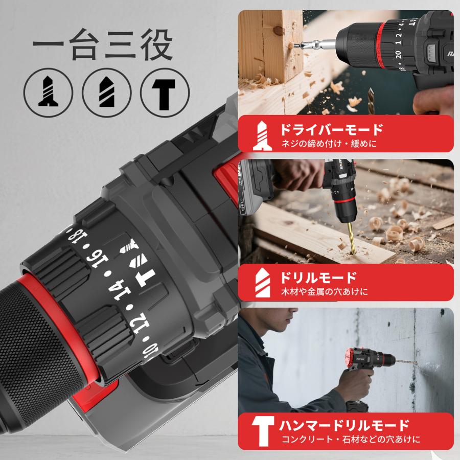 NANWEI コードレス振動ドライバドリル 最大トルク50Nm マキタ18Vバッテリー対応 電動ドリル ブラシレスモーター 20+3段クラッチ調整 高輝度LED照明 (本体のみ) |  | 02