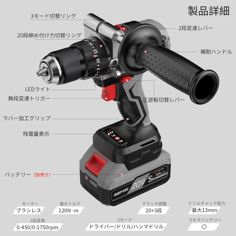 NANWEI コードレス振動ドライバドリル 最大トルク120Nm マキタ18V