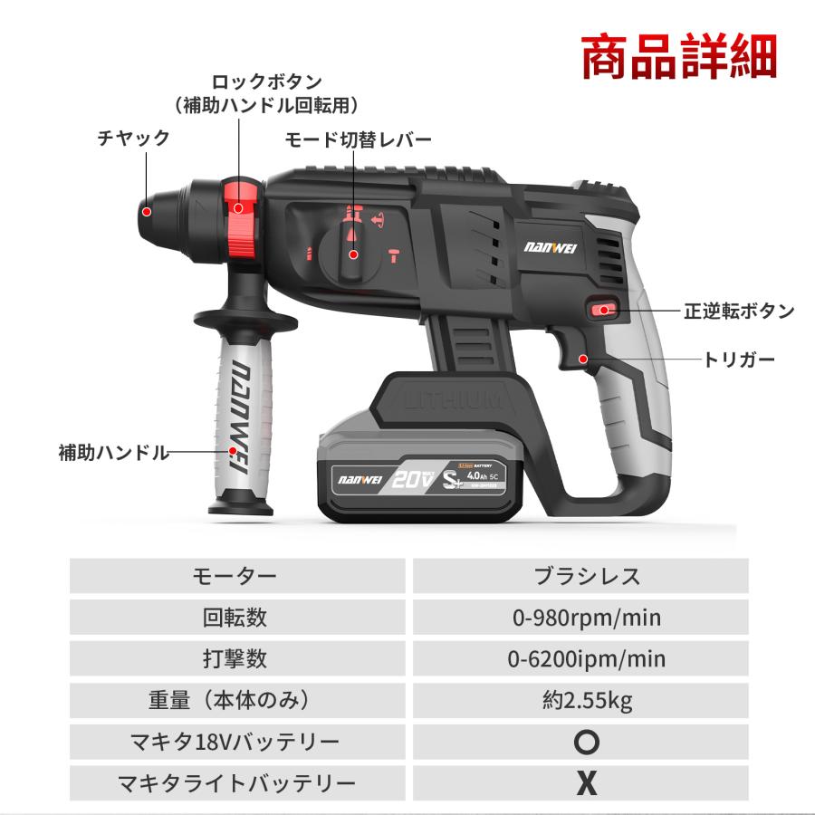 NANWEI 充電式ハンマードリル マキタ18Vバッテリー対応 ブラシレスモーター SDSプラス 3モード切替 石材・壁・金属・木材の穴あけ ハツリ（斫り）工事 |  | 07