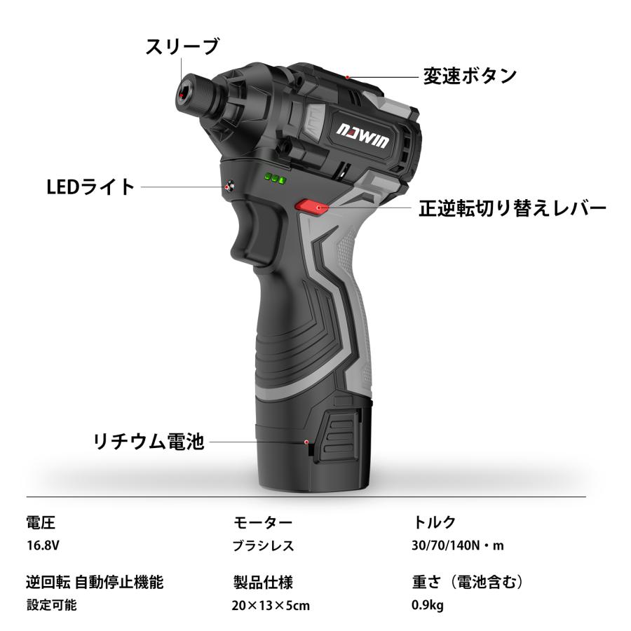 NAWIN インパクトドライバー 16.8V 最大トルク140Nm 電動インパクト