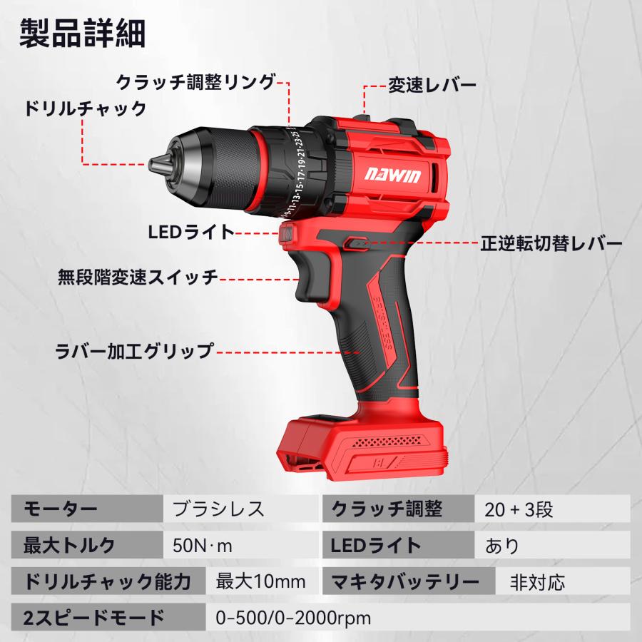 ナウィン 20V充電式ドライバドリル 最大トルク50Nm 20+3段調節 電動