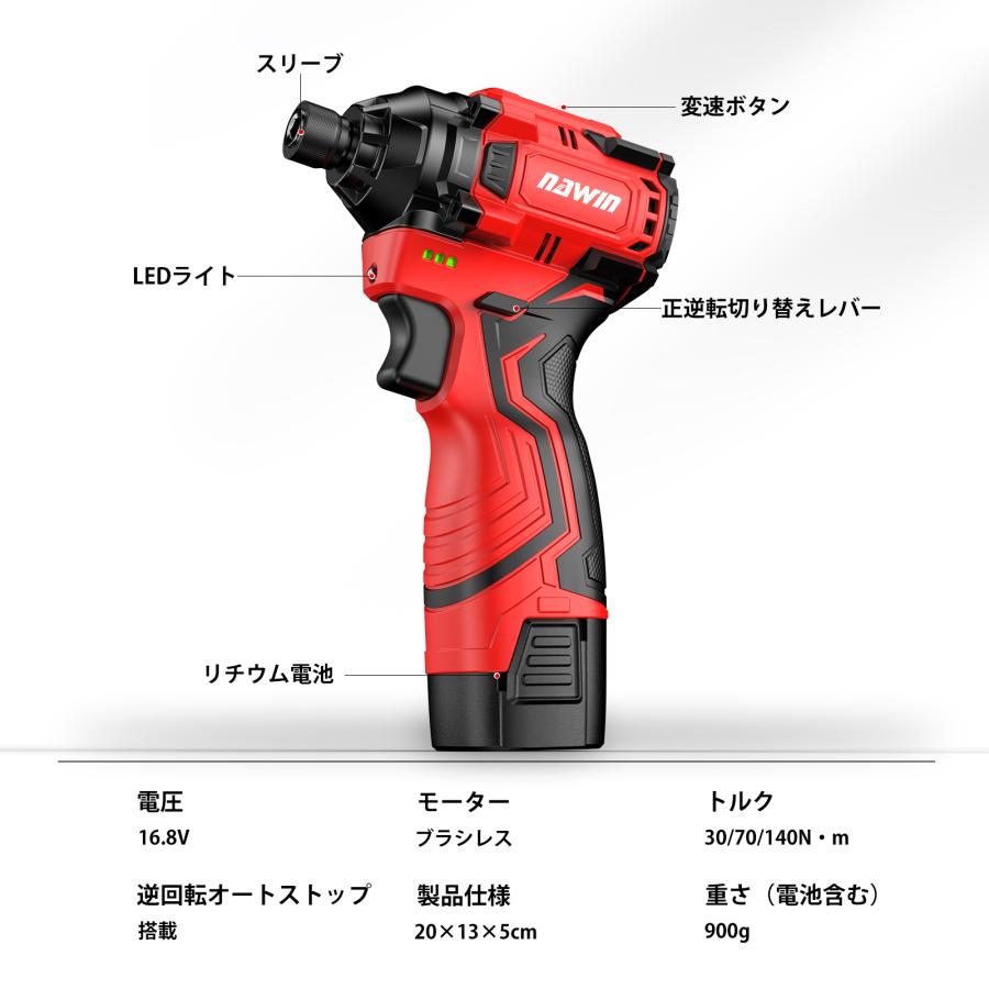 NAWIN インパクトドライバー 16.8V 最大トルク140Nm 電動インパクト
