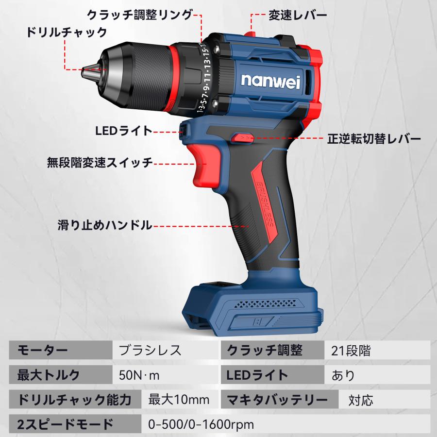 NANWEI 電動ドリルドライバー 充電式 ブラシレスモーター 21段階トルク