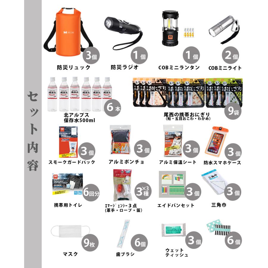防災セット３人用 防災グッズ セット HIH ハザードバッグSpecial-Package  IPX6完全防水バッグ３個入り | HIH | 07