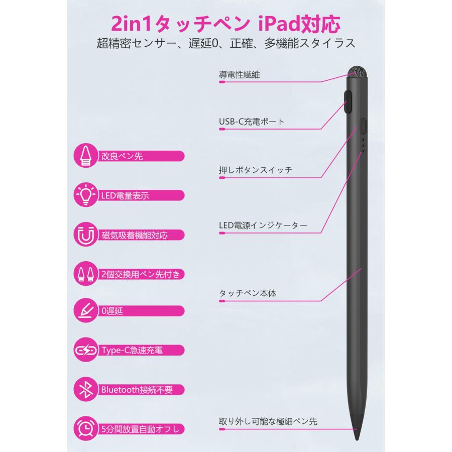 2023最新 iPad ペンシル 第10世代対応 2in1タッチペン POMペン先/導電繊維ペン先/傾き感知/磁気吸着機能対応/超高感度 タッチペン｜nc-shop｜04