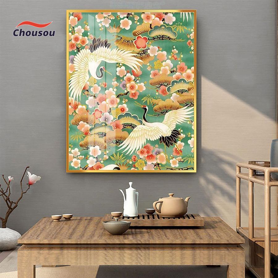 鶴の刺繍絵画 金色フレーム付き