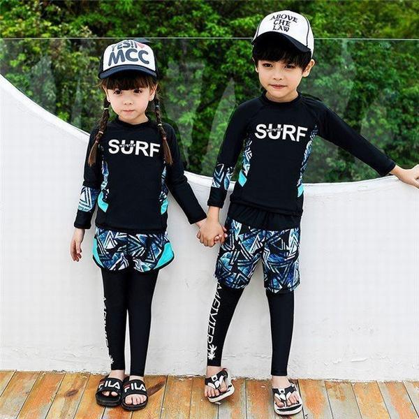 キッズ 子供 ラッシュガード水着 長袖 女の子3点セット 男の子3点セット ボタニカルデザイン Uvカット 紫外線対策 日焼け防止 速乾擦り傷防止保温性 限定特価
