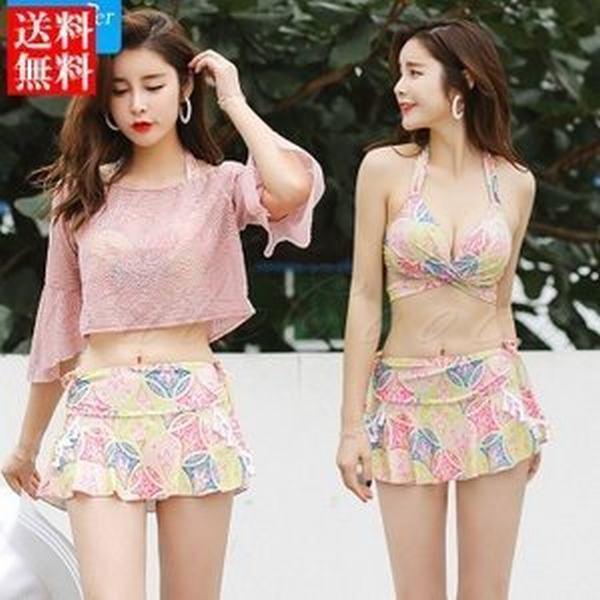 水着 レディース 4点セット 体型カバー バンドゥビキニ 総柄 スカート タンキニ パッド付き 着痩せ 温泉 ビーチ ファッション おしゃれ 大感謝セール