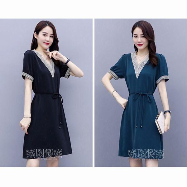 ワンピース レディース 夏 膝丈ワンピース 半袖 ドレス Aラインワンピ 無地 着痩せ 30代 40代 結婚式 通勤 Ol お出かけ 春 夏 人気 新作 ブラック ブルー 16 新作