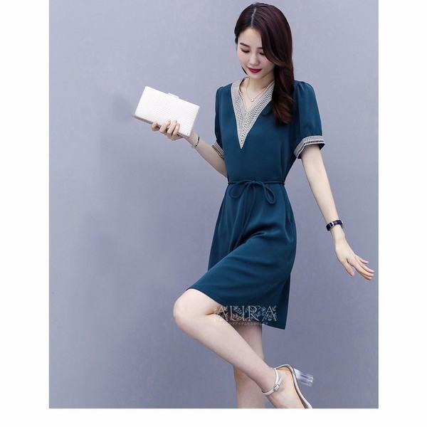 ワンピース レディース 夏 膝丈ワンピース 半袖 ドレス Aラインワンピ 無地 着痩せ 30代 40代 結婚式 通勤 Ol お出かけ 春 夏 人気 新作 ブラック ブルー 16 新作