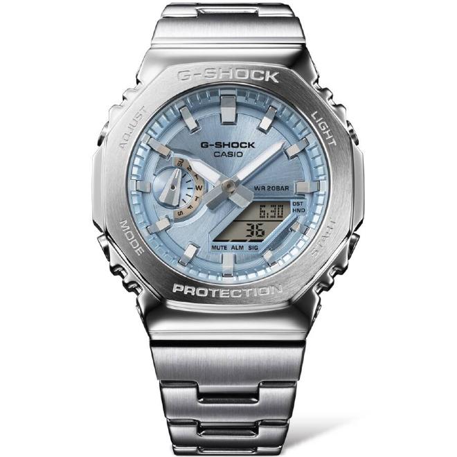 2年保証 GM-2110D-2A CASIO G-SHOCK カシオ Gショック ジーショック メタル アナデジ ステンレススチール ネオブライト LED ビジネス アイスブルー 2100の画像