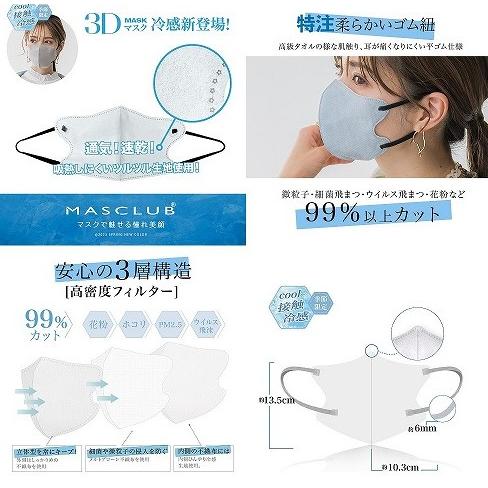 アイスグレー] 冷感 3D立体マスク 3層バイカラー不織布マスク MASCLUB
