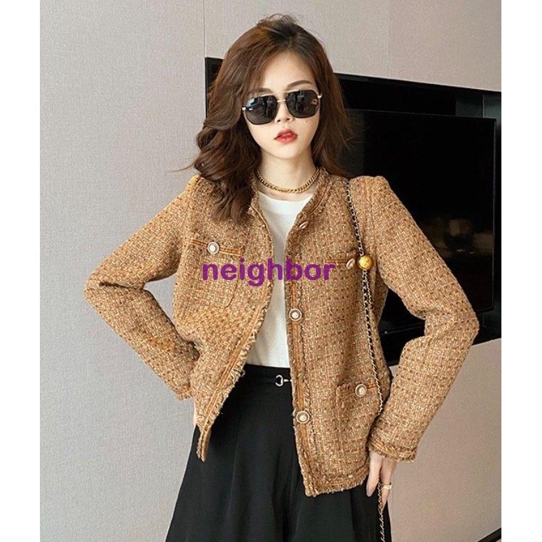 都内で 華やか ノーカラー オレンジ ミドル丈 長袖 アウター ツイード レディース ジャケット 大人っぽい 秋冬 デート 女子会 お出かけ 通学 通勤 ノーカラージャケット サイズ L Www Villanideluca Com