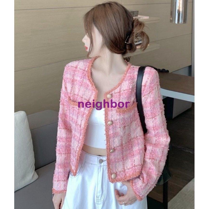 ジャケット レディース ツイード アウター ノーカラー 長袖 ショート丈 ピンク チェック かわいい カジュアル 通学 お出かけ 女子会 デート 秋冬 新品