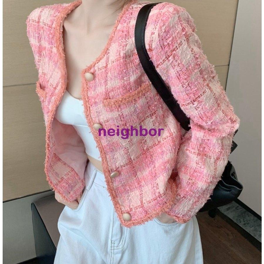 ジャケット レディース ツイード アウター ノーカラー 長袖 ショート丈 ピンク チェック かわいい カジュアル 通学 お出かけ 女子会 デート 秋冬 新品