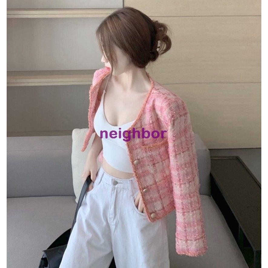 ジャケット レディース ツイード アウター ノーカラー 長袖 ショート丈 ピンク チェック かわいい カジュアル 通学 お出かけ 女子会 デート 秋冬 新品