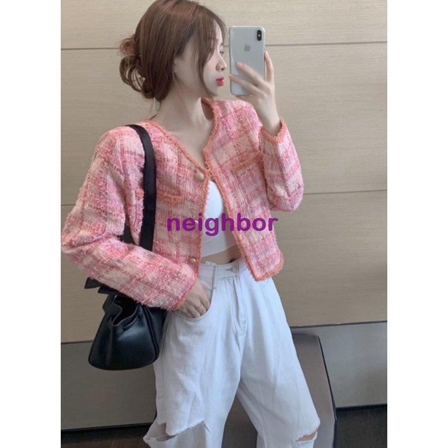 ジャケット レディース ツイード アウター ノーカラー 長袖 ショート丈 ピンク チェック かわいい カジュアル 通学 お出かけ 女子会 デート 秋冬 新品