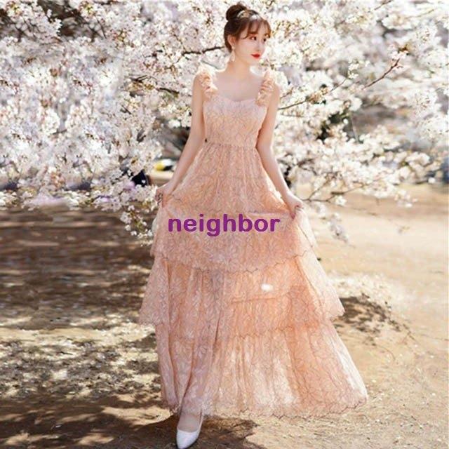 年末のプロモーション ピンク パーティードレス カステラスカート レトロ Aライン ロング丈 ドレス 姫系 キャミソール ウェディングドレス 二次会 演奏会 花嫁 結婚式