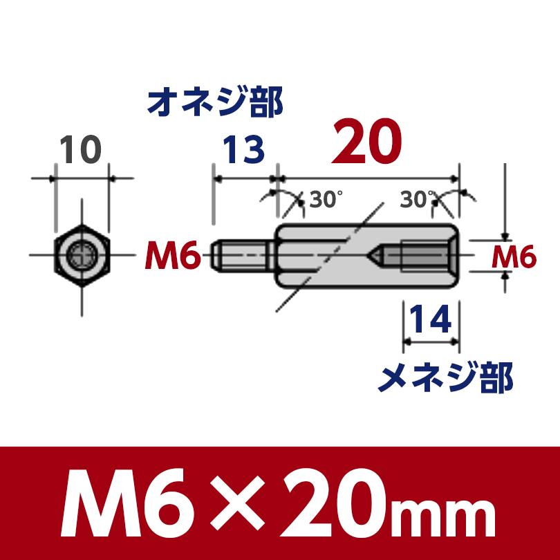 ステンレス 六角 つなぎ スペーサー オネジ-メネジ 2個入 M6-ピッチ1.0 x 長さ20mm モリブデン処理 : ネジの永井 - 通販 ...