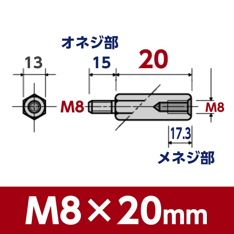 ステンレス 六角 つなぎ スペーサー オネジ-メネジ 1個入 M8-ピッチ