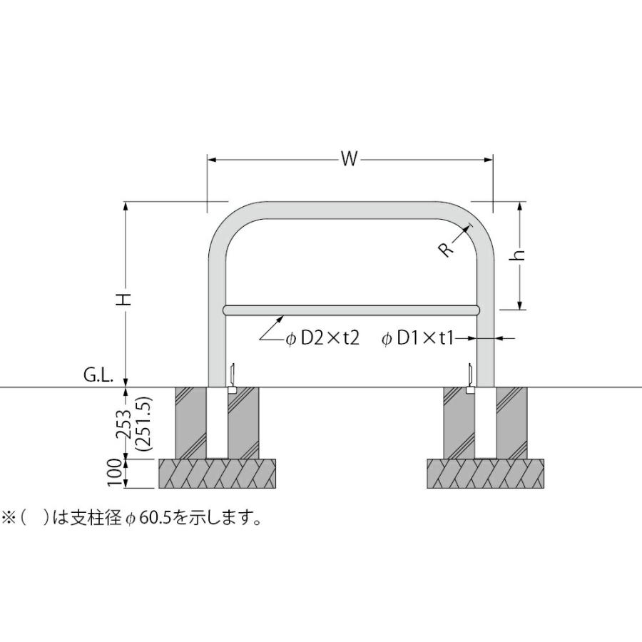 アーチ型横バー付　ステンレス製　車止め　鍵付　YAW7H10-HDL　脱着式　鋳鉄製蓋　カネソウ