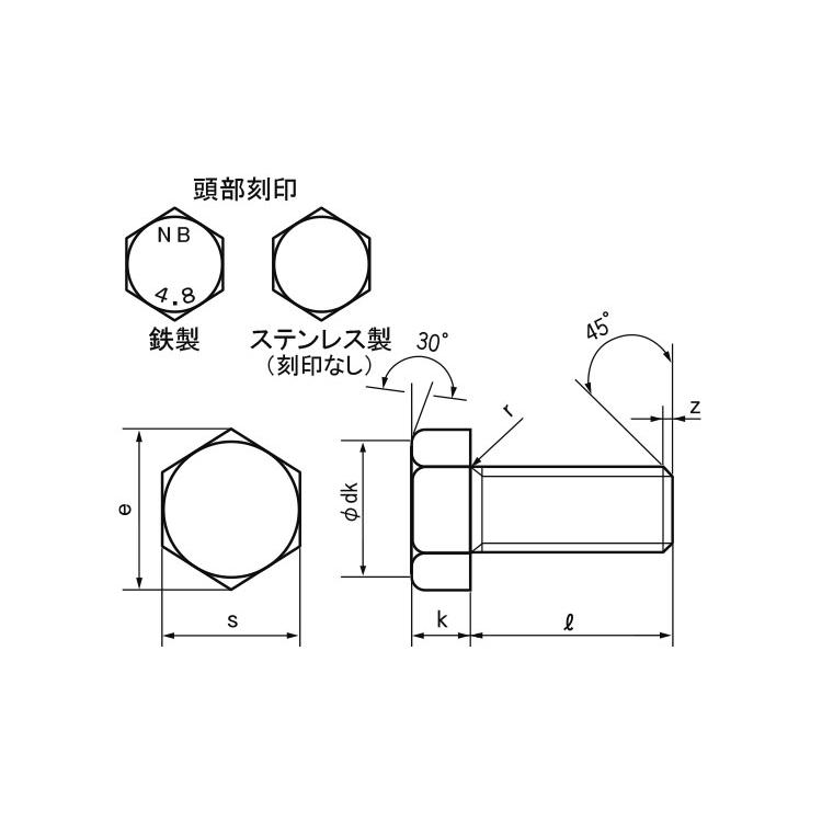 鉄 六角ボルト (全ねじ) M8 (太さ=8mm)×長さ=70mm 【 バラ売り 鉄 六角ボルト (全ねじ) M8 (太さ=8mm)×長さ=70mm 【 バラ売り
