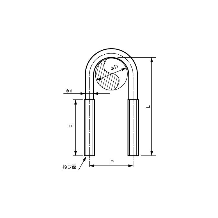 ステンレス 足長Uボルト [+50mm] M8 (太さ=8mm)×配管口径=20A (3/4 