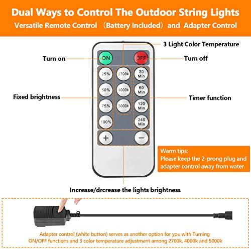 無料で配送 リモコン付パティオ用2枚組3色調光LED屋外ストリングライト、ビストロ裏庭用防塵エジソン電球付48 FT防水吊り下げライトストリングウォームホワイト/ネイチ