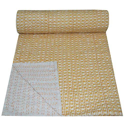 全品送料0円 Somukara Indian Handmade Kantha Bedspread Polka Dot Print Pure Cotton Bedding Bed Cover Quilt Single/Double Size Blanket Throw Gudri (Yellow%Car