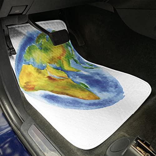 新品未使用です☆ アンブソンヌのアースカーマット4枚セット、水彩地図で描かれた地球の地球儀地理大陸、前・後席フロアマット耐久性PVCバッキングカーアクセサリー、ペールブ