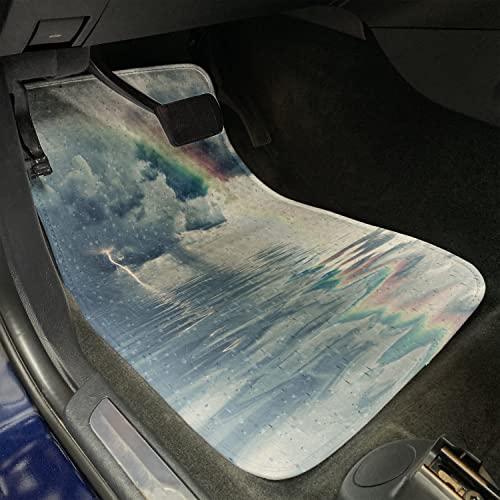 ネット直販 アンベソンヌ雨車マット4枚組、ロマンティックな水滴がメランコリアの虹とサンダーボルトを曇天プリントで見る、前後席フロアマット耐久PVCバッキングカーア