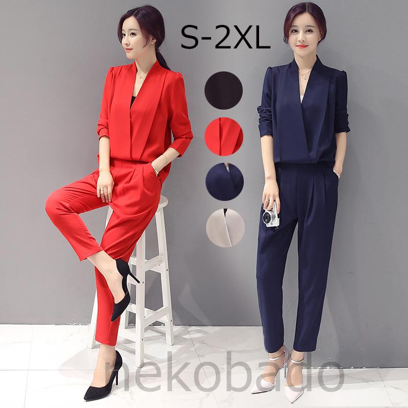 新作 パンツスーツ 2点セット セットアップ パンツ レディース 二次会 体型カバー着痩せ 半袖ブラウス 結婚式m 2xl 通勤 大きな割引 レディース