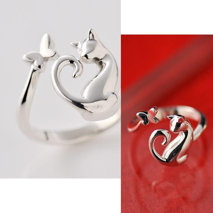 猫リング「ネコと蝶」シルバーアクセサリー silver925 指輪 猫 猫リング「ネコと蝶」シルバーアクセサリー silver925 指輪 猫