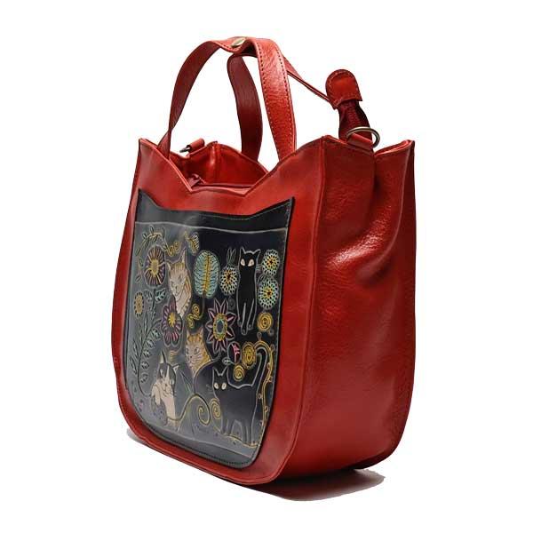 手染め 猫型 2WAYトートバッグ ＆ ショルダーバッグ 猫と花 （レッド  