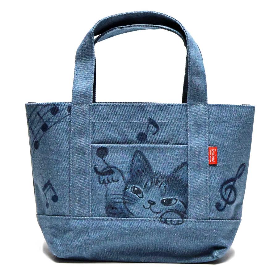 猫丸みど 手描き デニムミニトートバッグ 可愛い猫イラスト(招き