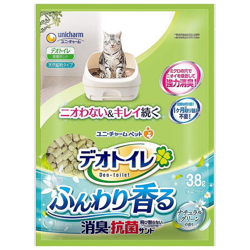 猫 システムトイレ 猫砂 ユニ・チャーム デオトイレ ふんわり香る消臭・抗菌サンド ナチュラルグリーンの香り 3.8L｜nekoplus｜02