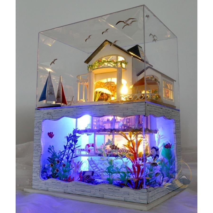 DIY 海の家 ミニチュア ドールハウス LED ライト 組み立て キット 自分