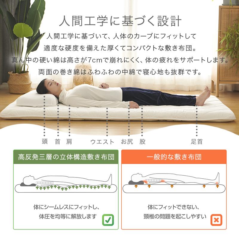 敷布団 シングル 極厚10cm 防ダニ 敷き布団 三層構造 固綿使用 しっかり支える ホコリ出にくい 高耐久性 抗菌防臭 放湿性 通気性 蒸れにくい 100×210cm｜nemurinosunshop｜06