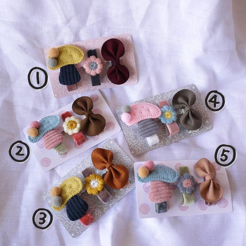 赤ちゃん 前髪 ヘアアクセサリー 3本セット きのことスエードリボンの