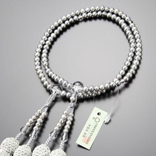 ≪特別価格≫八宗派兼用 数珠 女性用 8寸 淡水パール（グレー） 本水晶 正絹2色房 数珠袋付き