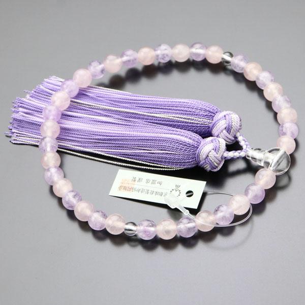 数珠 女性用 約7ミリ ローズクォーツ 藤雲石 交互 本水晶 銀花かがり房 数珠袋付き | 数珠 パワーストーン はな花 | 01