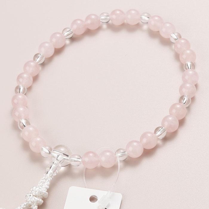 喜芳工房 念珠 数珠 女性用 約8ミリ ローズクォーツ 約6ミリ 本水晶 正絹2色房 数珠袋付き | 数珠 パワーストーン はな花 | 01