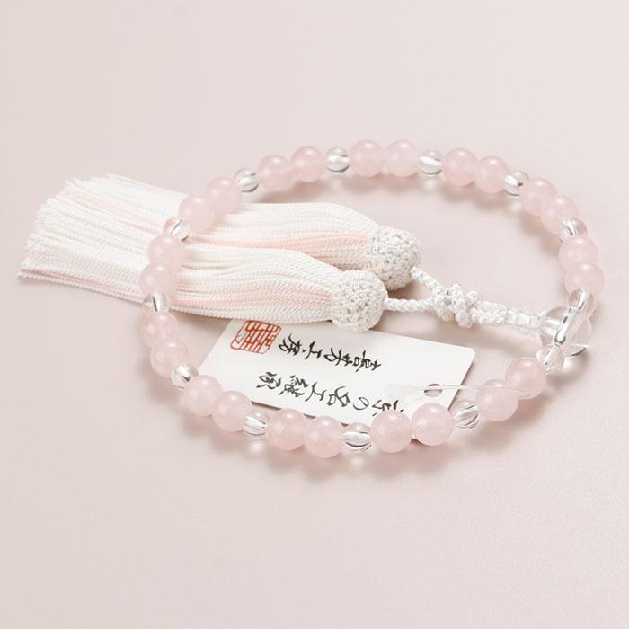 喜芳工房 念珠 数珠 女性用 約8ミリ ローズクォーツ 約6ミリ 本水晶 正絹2色房 数珠袋付き | 数珠 パワーストーン はな花 | 02