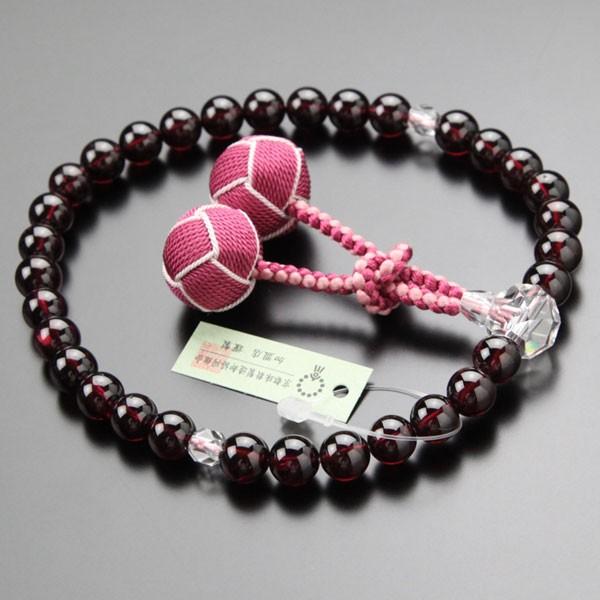 数珠 女性用 約8.5ミリ 4A´ ロードライトガーネット カット水晶 2色梵天房 略式数珠 数珠袋付き ≪現品お届け！≫の画像
