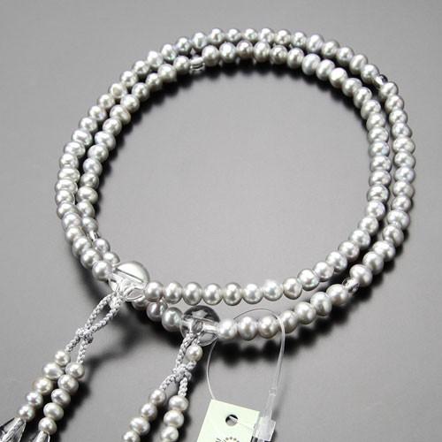 ≪特別価格≫真言宗 数珠 女性用 8寸 グレー 淡水パール 本水晶 正絹梵天房 数珠袋付き