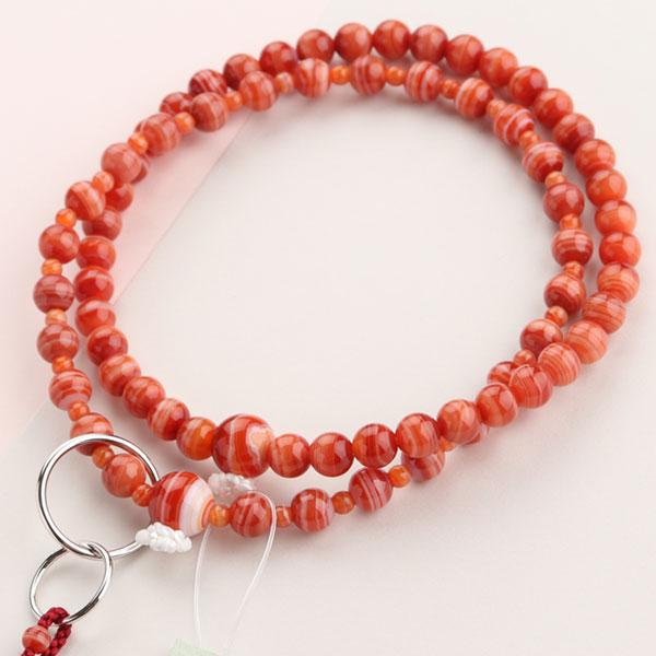 本物保証 浄土宗 数珠 女性用 8寸 赤縞瑪瑙 2色梵天房 超可爱 5A´ 数珠袋付き