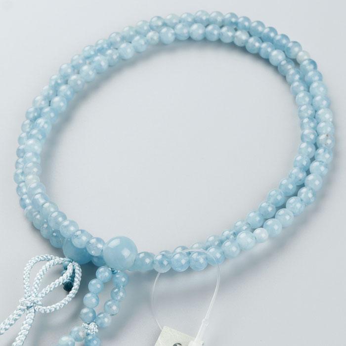 浄土真宗 数珠 女性用 8寸 アクアマリン 銀花かがり房 数珠袋付き おしゃれ | 数珠 パワーストーン はな花