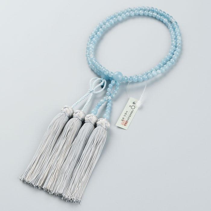 浄土真宗 数珠 女性用 8寸 アクアマリン 銀花かがり房 数珠袋付き おしゃれ | 数珠 パワーストーン はな花 | 04