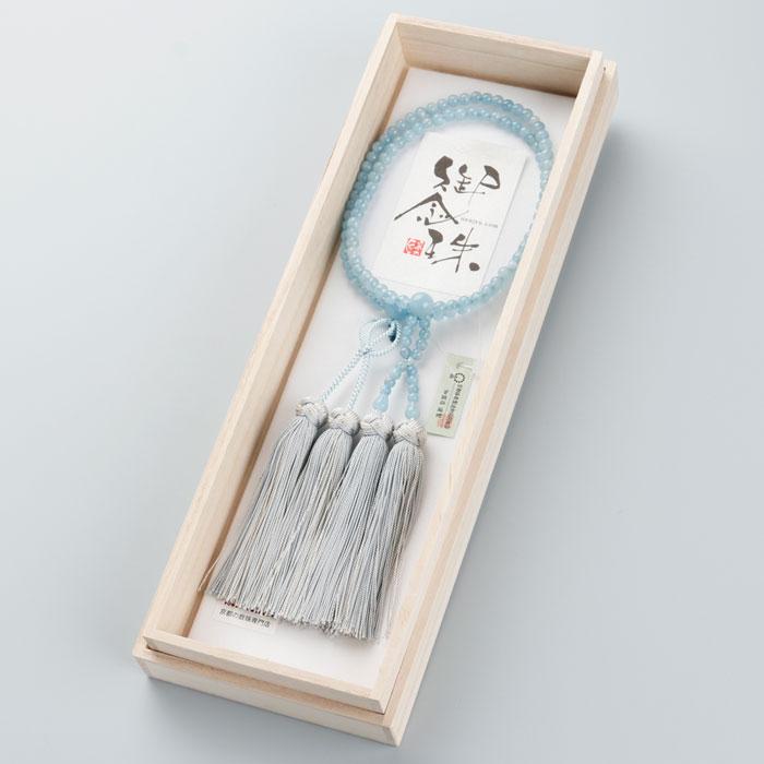 浄土真宗 数珠 女性用 8寸 アクアマリン 銀花かがり房 数珠袋付き おしゃれ | 数珠 パワーストーン はな花 | 06