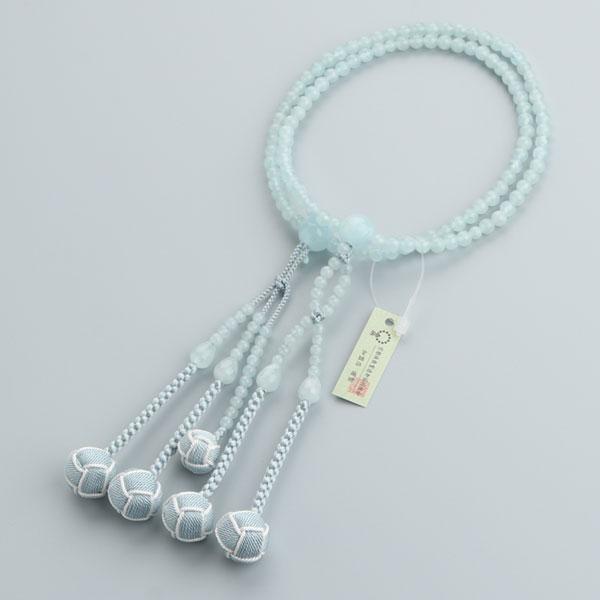日蓮宗 数珠 女性用 8寸 4A´ アクアマリン 正絹2色梵天房 数珠袋付きの画像